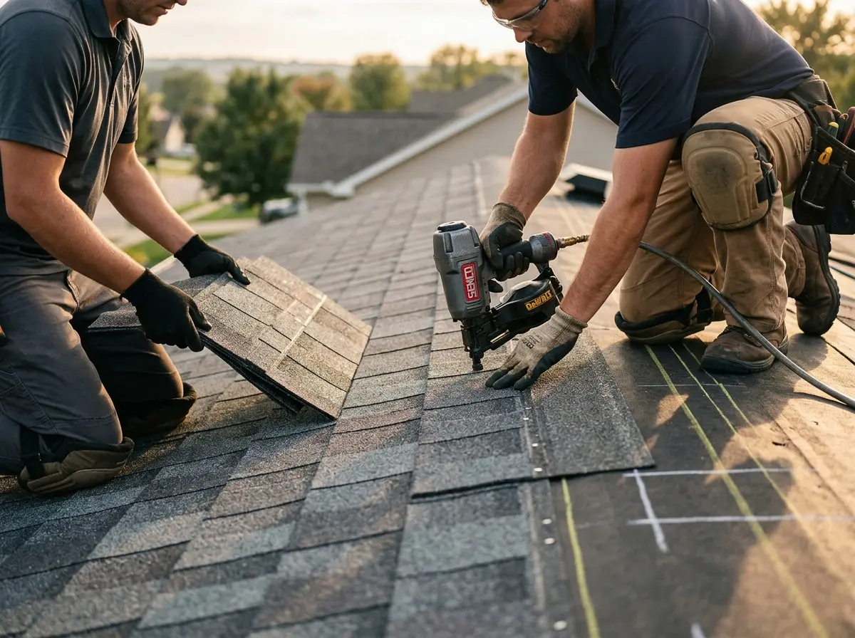 Professional roofer working on a residential roof in Weehawken